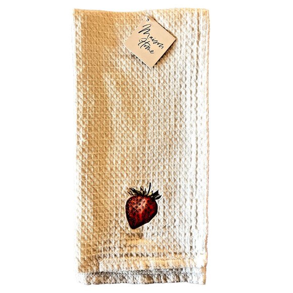 NEW Set 2 Kitchen Towels STRAWBERRY Applique & Solid Red MAISON HOME 100% Cotton - Picture 1 of 4